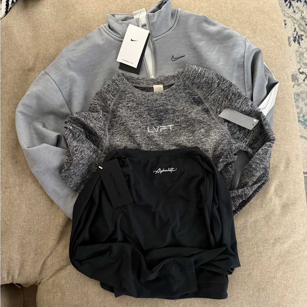 NWT. Nike crop sweater, LVFT Gray crop top & Black Alphalete crop top Set